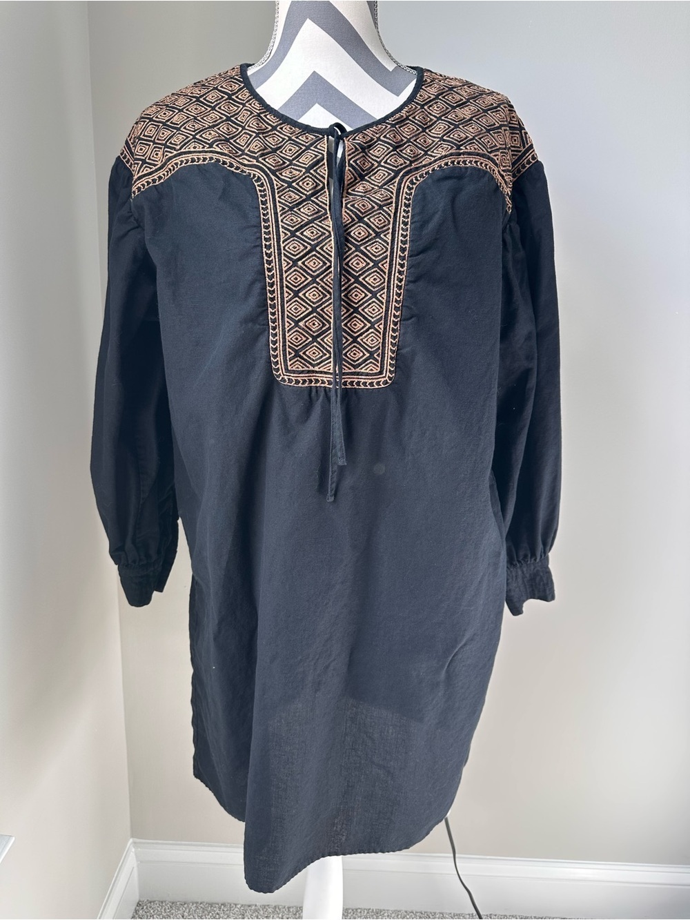 Banana Republic Dress 12 Black Embroidered Collar Cotton Linen Puff Sleeve Boho